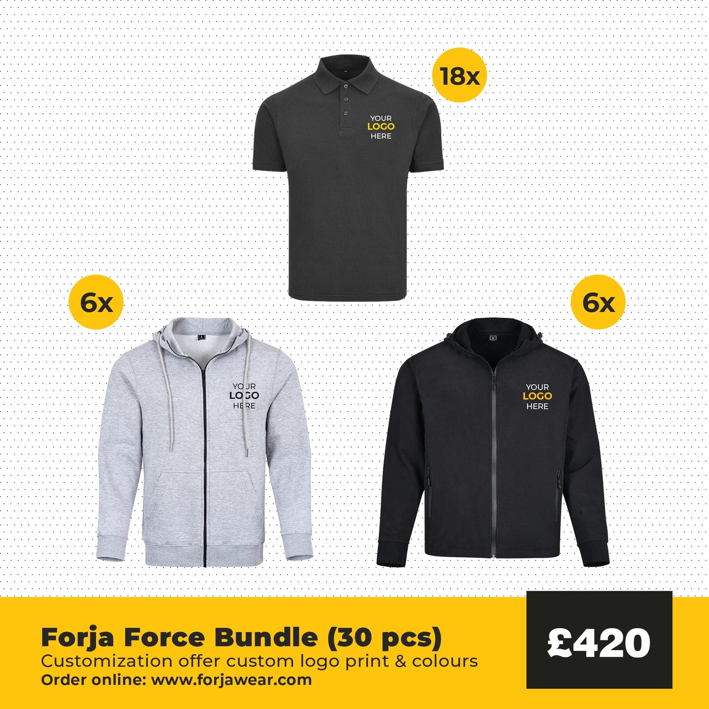 Forja Force Bundle (30 pcs) for 6 person - T-Shirt + Fleec Hoodie + Soft Shell Hoodie Sizes S-XXL Forja Wears